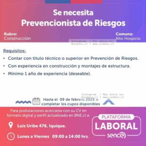 Prevencionista de Riesgos – Construcción Alto Hospicio