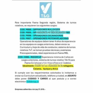 Operadores y Rigger Minería Turnos Rotativos