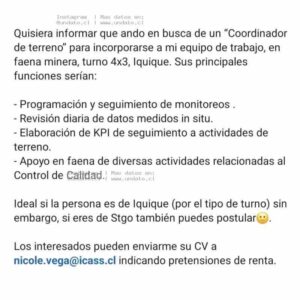 Coordinador de Terreno Minería Iquique 4x3