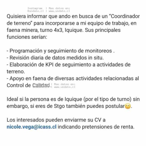 Coordinador de Terreno Minería Iquique 4x3