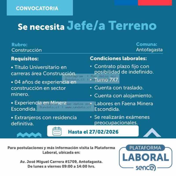 Jefe/a Terreno Construcción Minera