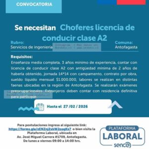 Chofer A2 para Servicios de Ingeniería - Antofagasta