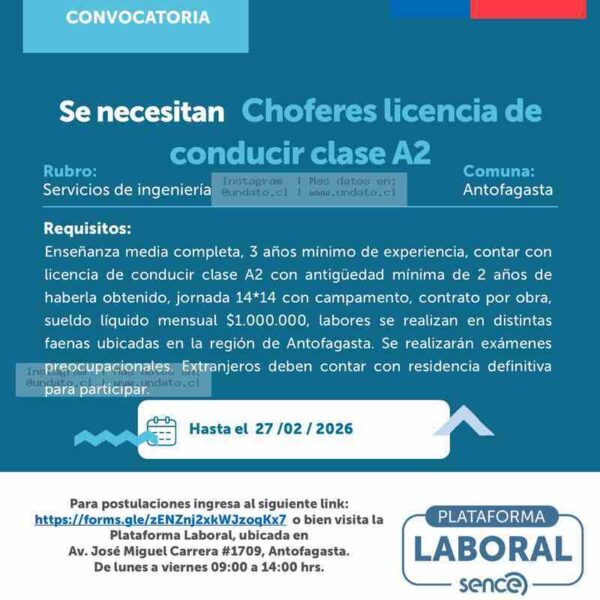 Chofer A2 para Servicios de Ingeniería - Antofagasta