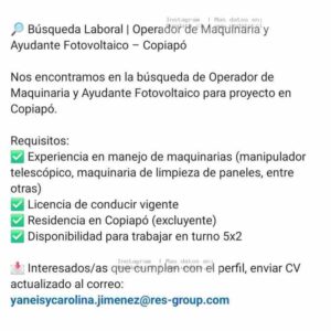 Operador de Maquinaria y Ayudante Fotovoltaico Copiapó