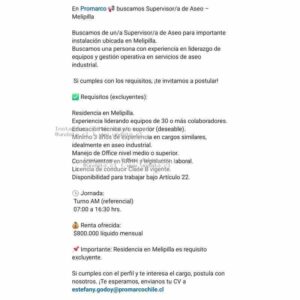 Supervisor/a de Aseo Melipilla