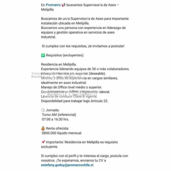 Supervisor/a de Aseo Melipilla