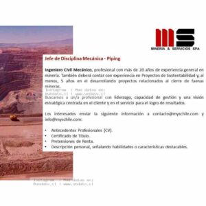 Jefe de Disciplina Mecánica - Piping (Minería)