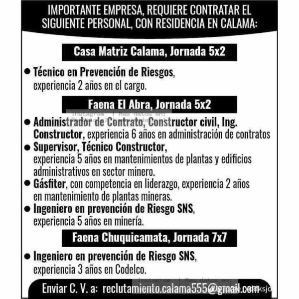 Vacantes Minería Calama 5x2 7x7