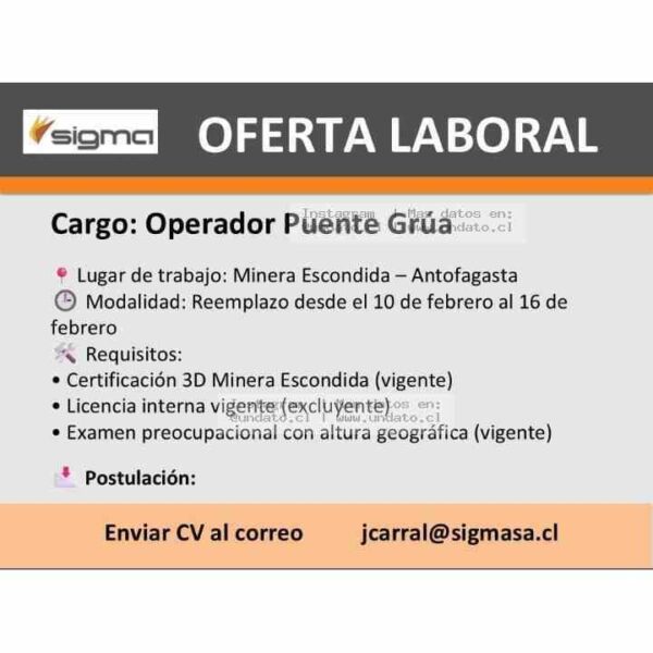 Operador Puente Grúa – Minera Escondida (Antofagasta)