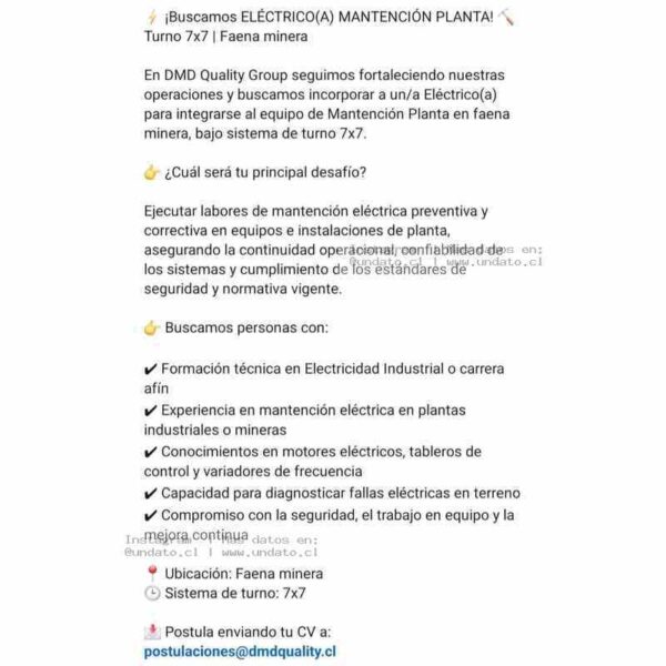 Eléctrico(a) Mantención Planta 7x7