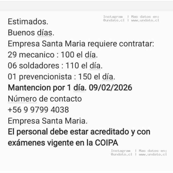 Mantenimiento: Mecánicos, Soldadores y Prevencionista