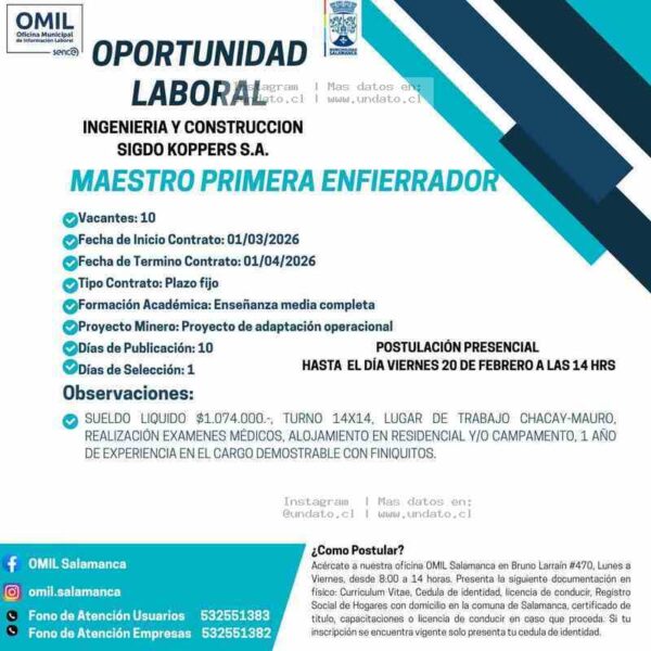 Maestro Primera Enfierrador – Minería Chacay-Mauro