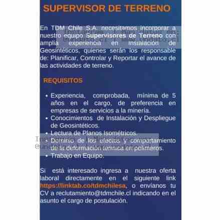 Supervisor de Terreno Geosintéticos – TDM Chile