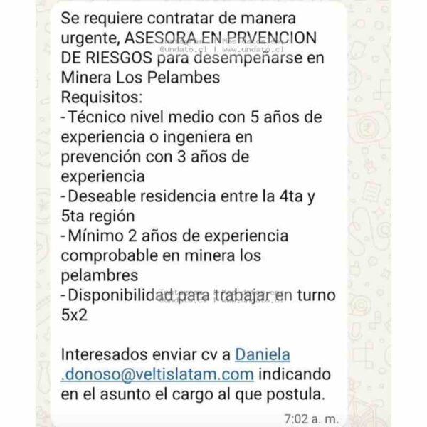 Asesora en Prevención de Riesgos – Los Pelambres