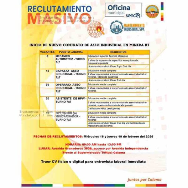 Vacantes de Aseo Industrial Minera RT