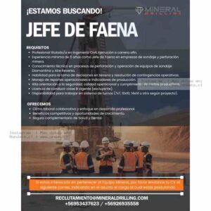 Jefe de Faena – Minería y Perforación