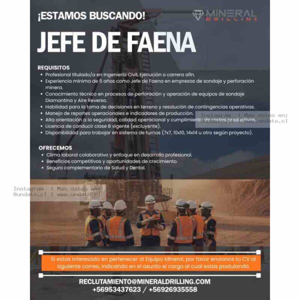 Jefe de Faena – Minería y Perforación