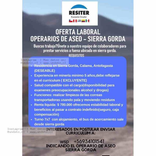 Operarios de Aseo Sierra Gorda - Oferta Laboral