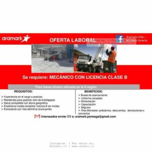 Mecánico con Licencia Clase B para Faena Minera