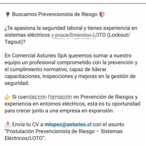Prevencionista de Riesgo – Sistemas Eléctricos/LOTO