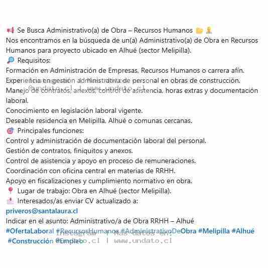 Administrativo/a de Obra RRHH – Alhué