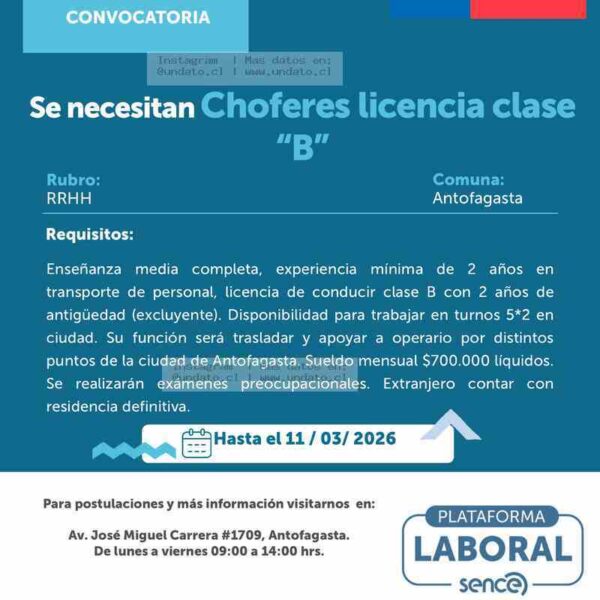 Chofer Clase B para traslado de personal